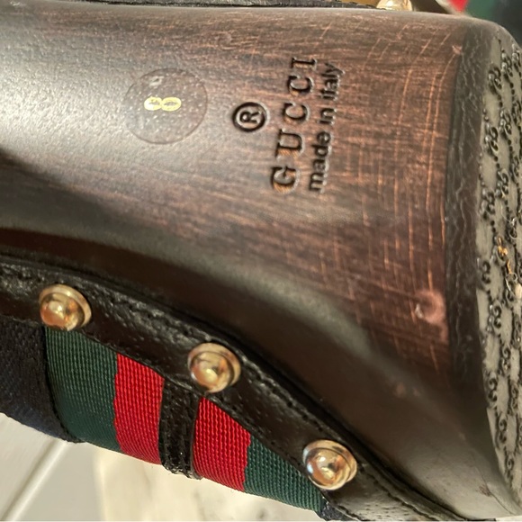 Authentic GUCCI  Horsebit Monogram Canvas And Wood
Heels Clogs Mules Sz 8 - Picture 10 of 11